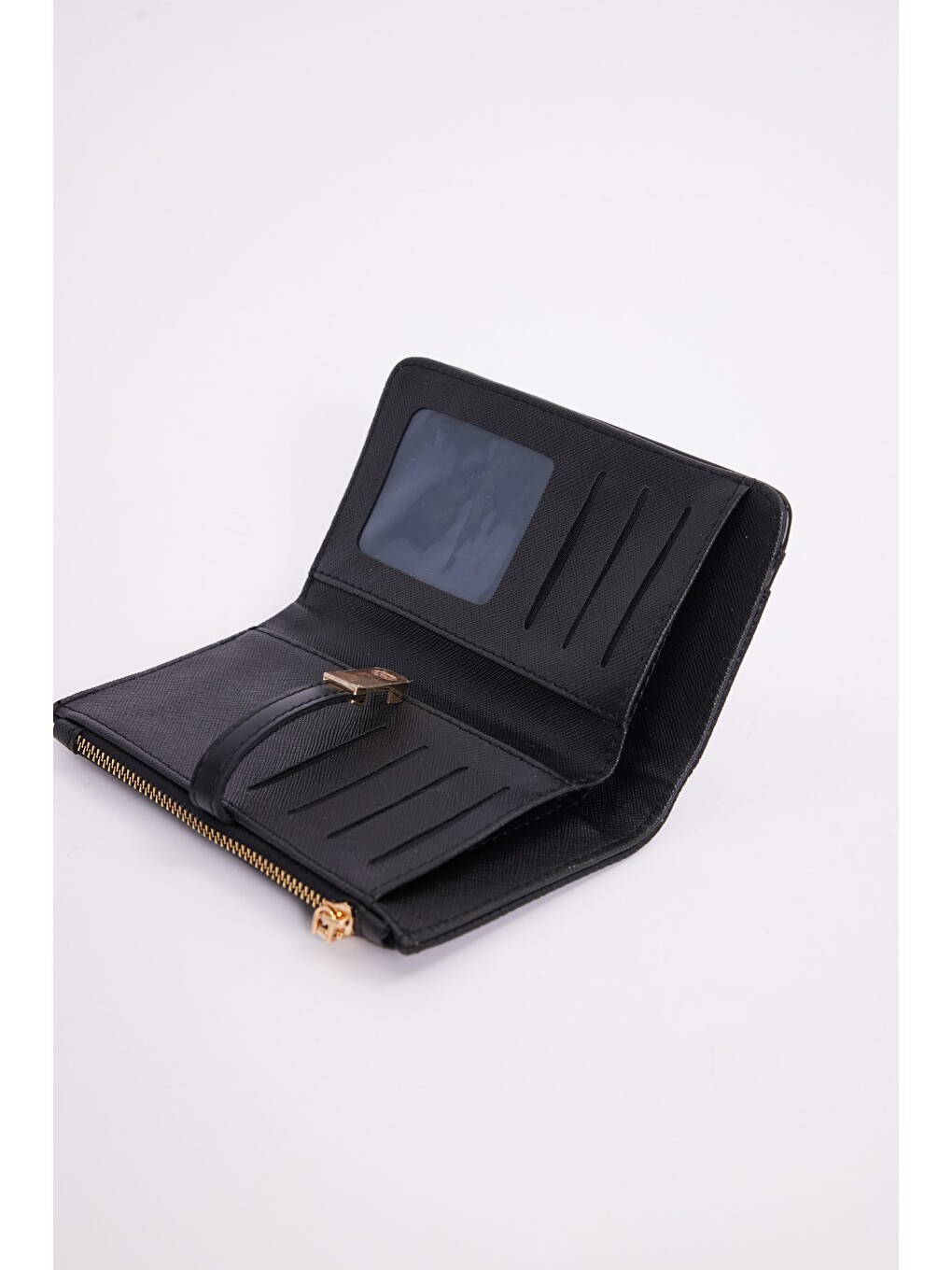 Kadın Premium Siyah Dokulu Gold Kilitli Çok Bölmeli Elegant Kadın Kartlıklı Cüzdan-2