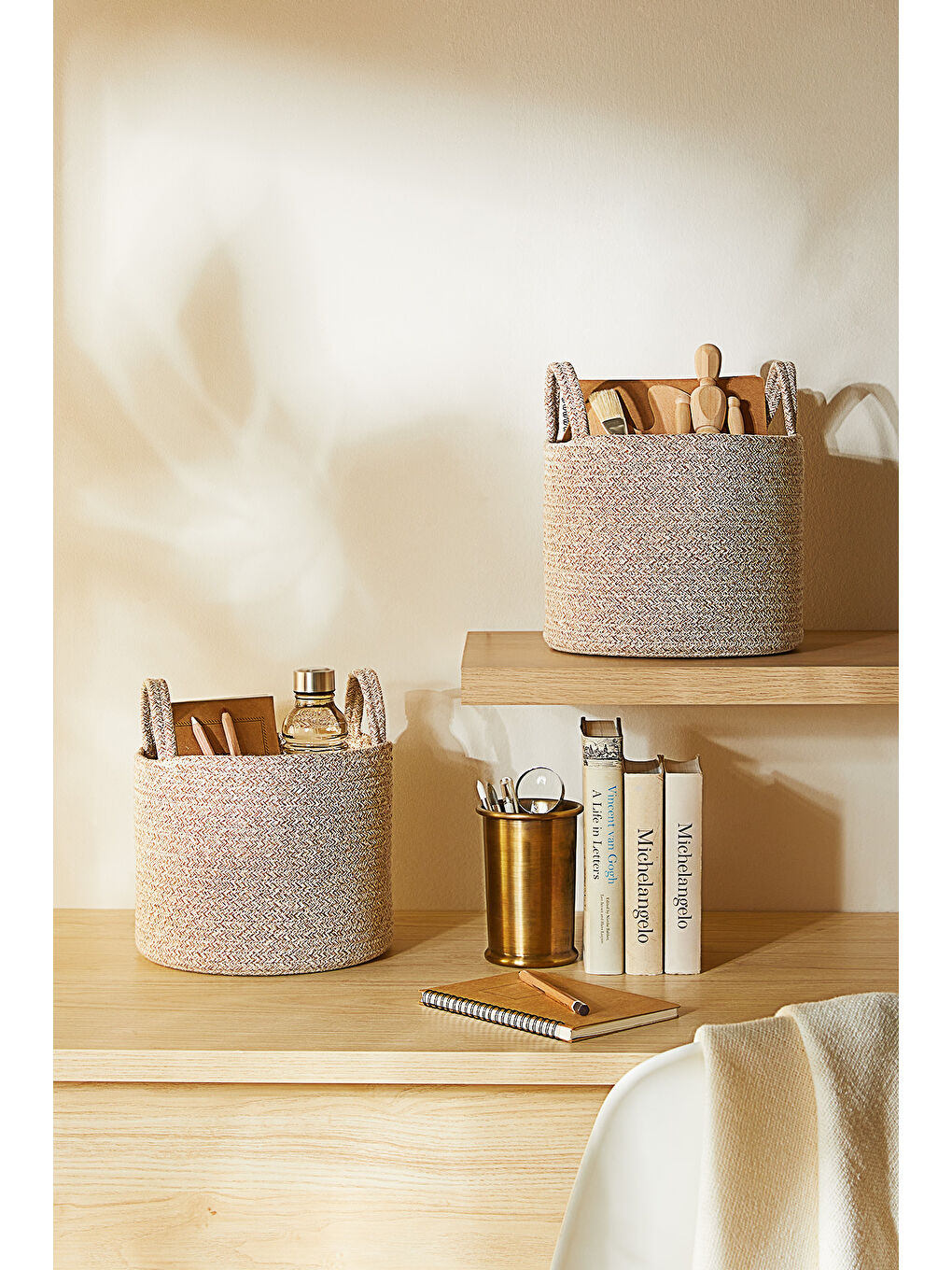 2'li Bej Kırçıllı Pamuklu Halat Sepet Set 26 x 22 cm