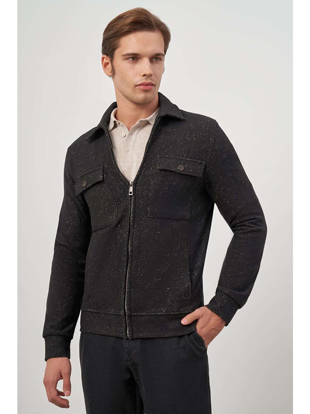 Siyah Örme Bebe Yaka Kendinden Desenli Yırtmaçsız Astarsız Slim Fit Classic Mont 1007245156