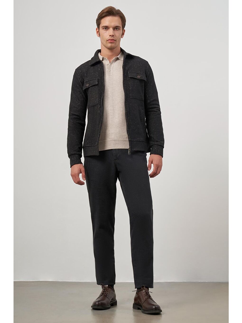 Siyah Örme Bebe Yaka Kendinden Desenli Yırtmaçsız Astarsız Slim Fit Classic Mont 1007245156-1