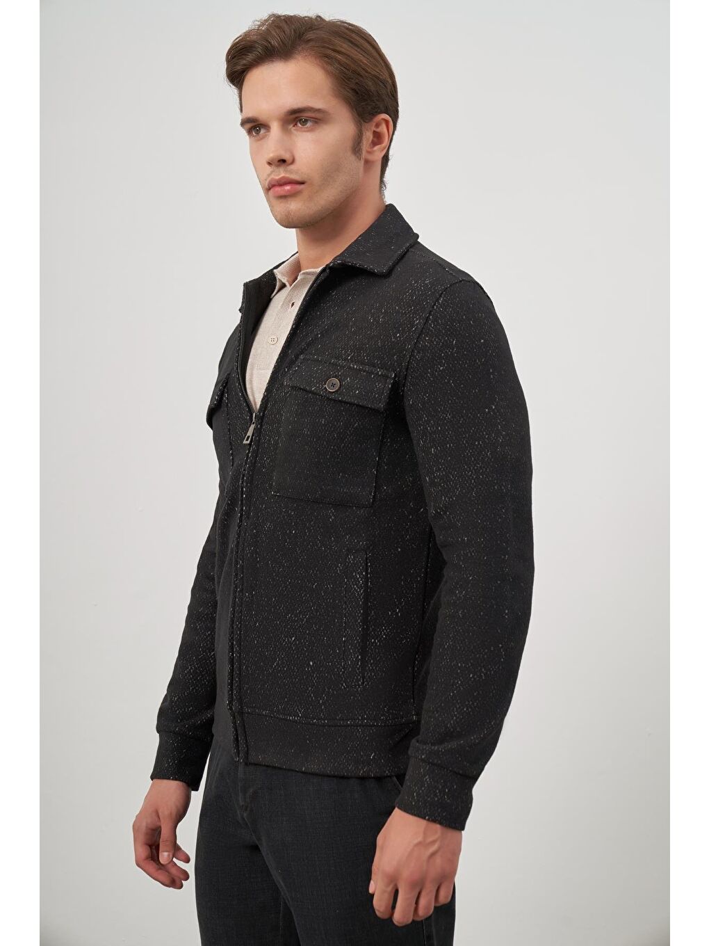 Siyah Örme Bebe Yaka Kendinden Desenli Yırtmaçsız Astarsız Slim Fit Classic Mont 1007245156-2