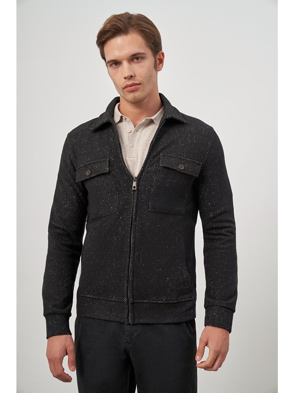 Siyah Örme Bebe Yaka Kendinden Desenli Yırtmaçsız Astarsız Slim Fit Classic Mont 1007245156-3