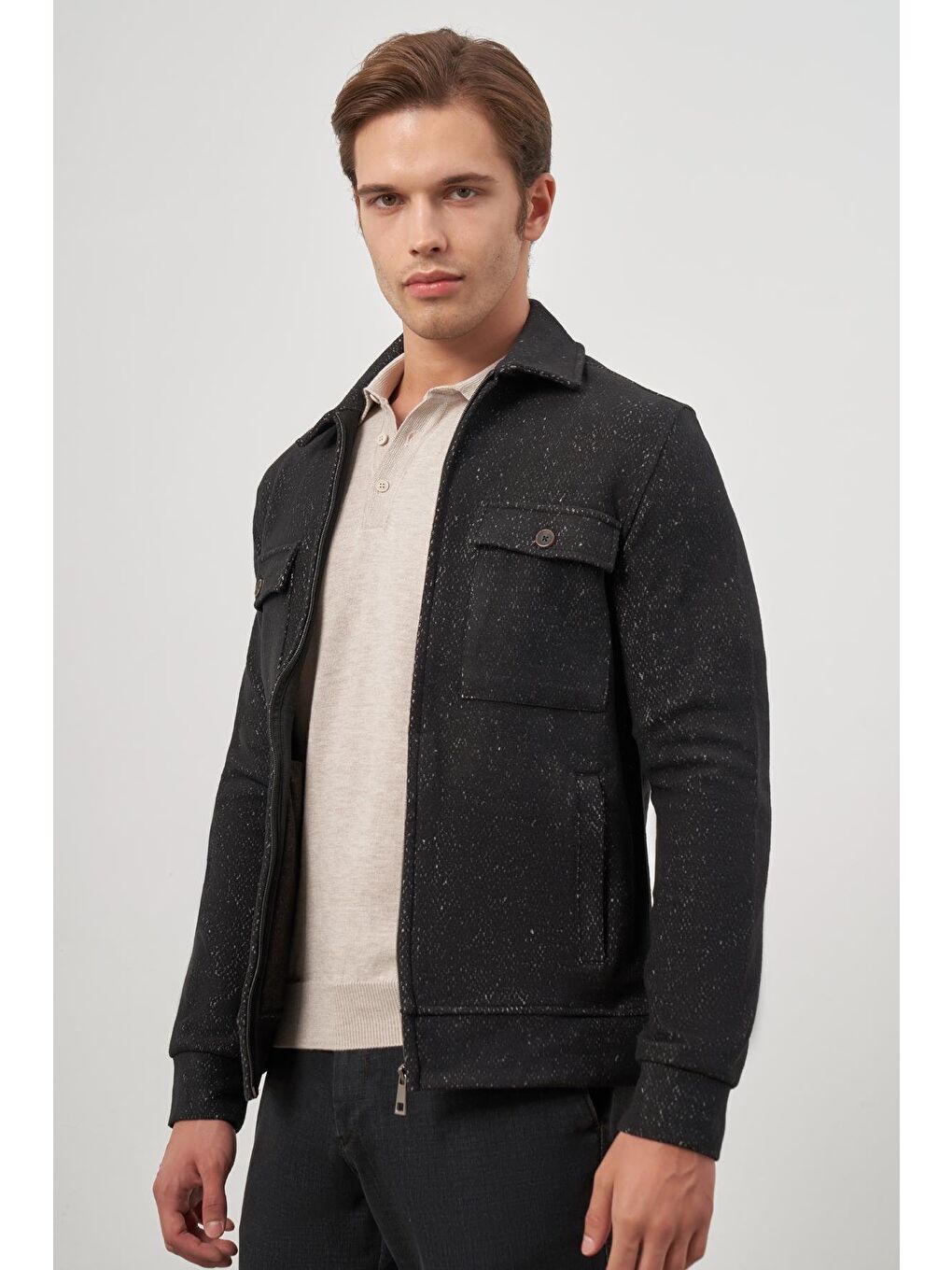 Siyah Örme Bebe Yaka Kendinden Desenli Yırtmaçsız Astarsız Slim Fit Classic Mont 1007245156-4