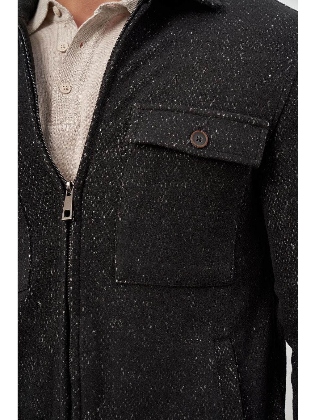 Siyah Örme Bebe Yaka Kendinden Desenli Yırtmaçsız Astarsız Slim Fit Classic Mont 1007245156-5