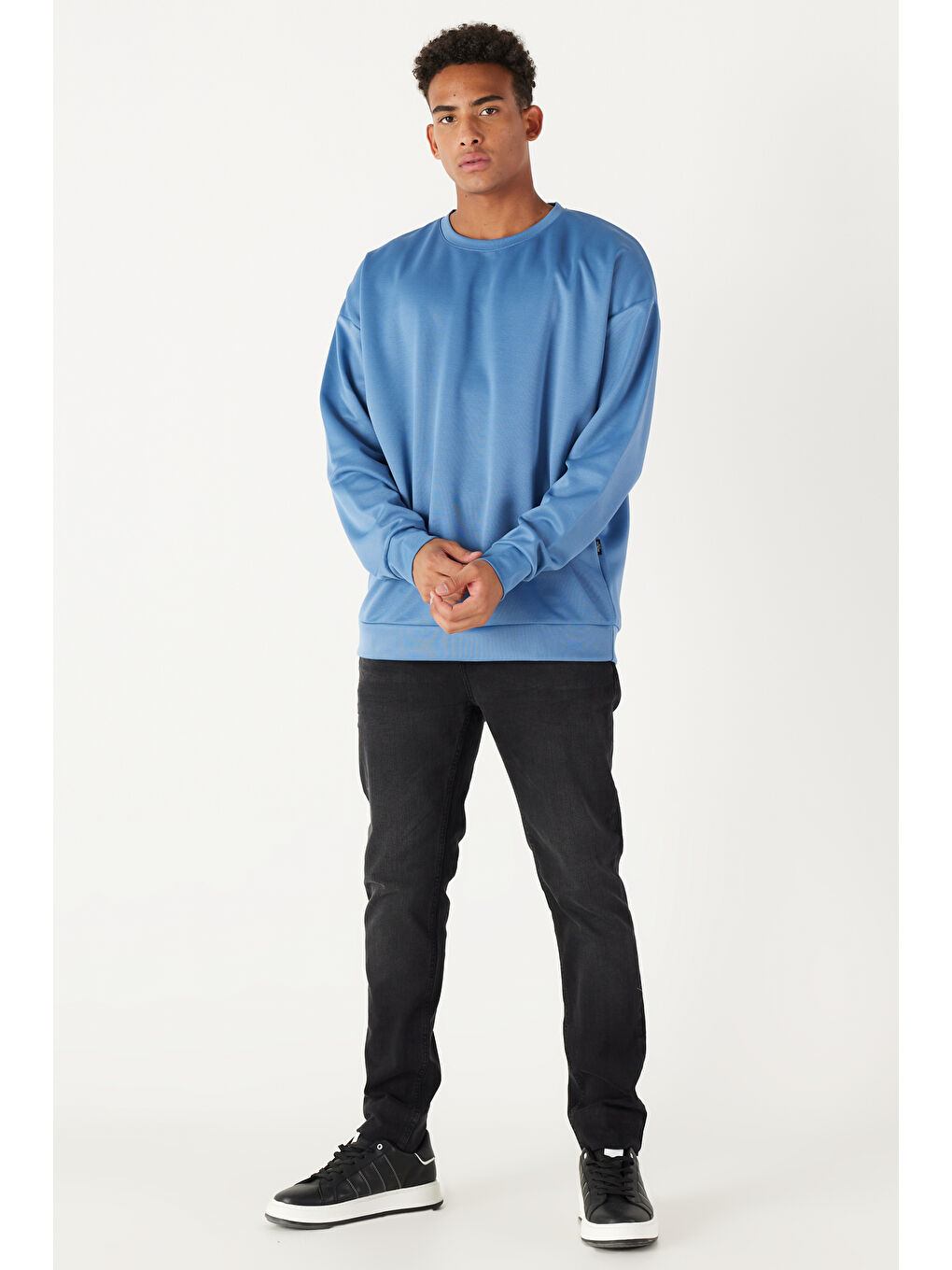 Erkek İndigo Oversize Bol Kesim Bisiklet Yaka Düz Sweatshirt-1