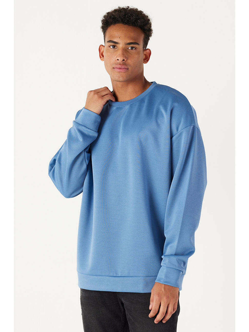 Erkek İndigo Oversize Bol Kesim Bisiklet Yaka Düz Sweatshirt-2