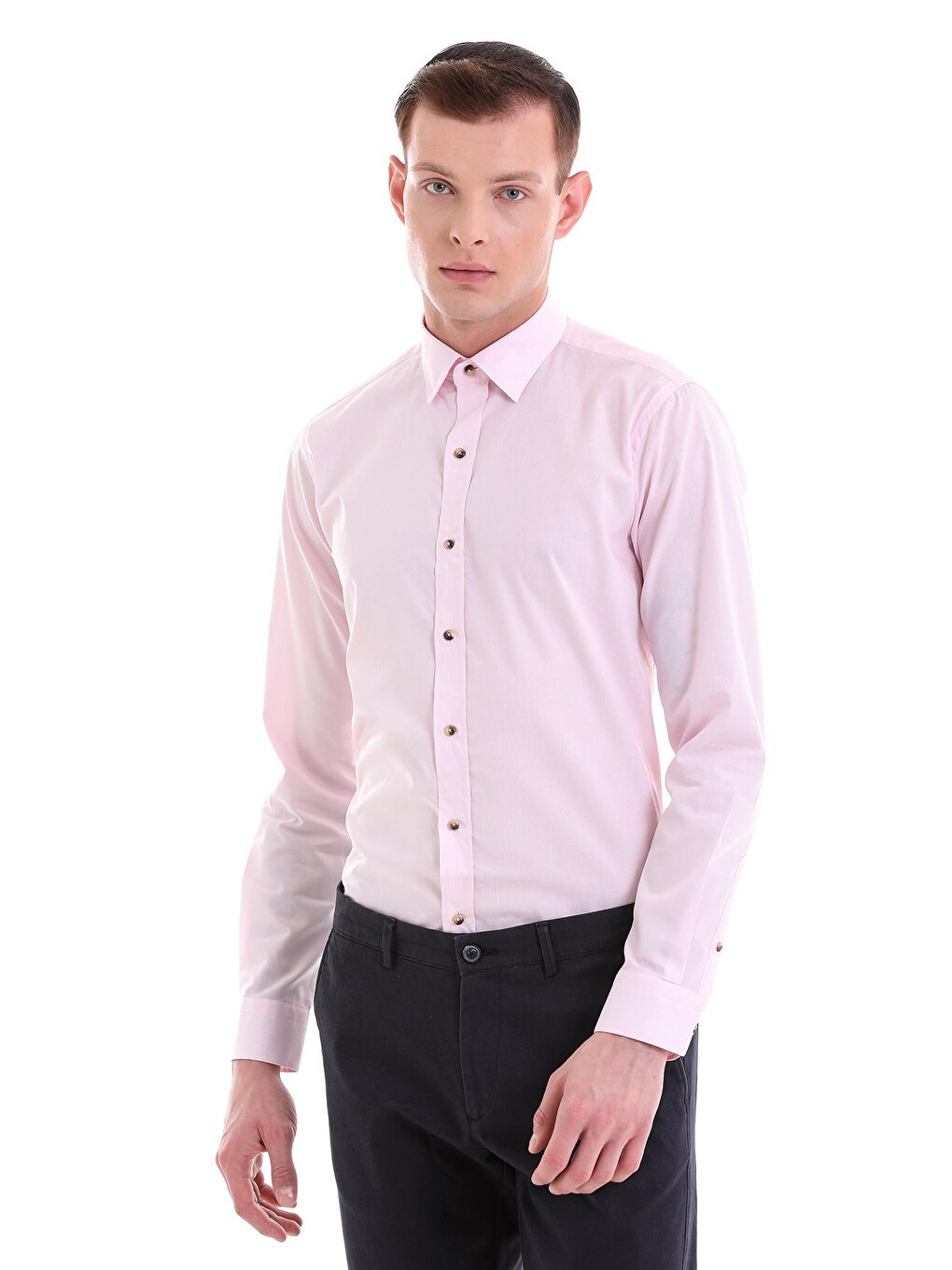 Pembe Comfort Fit Çizgili %100 Pamuklu Slim Yaka Uzun Kollu Casual Gömlek