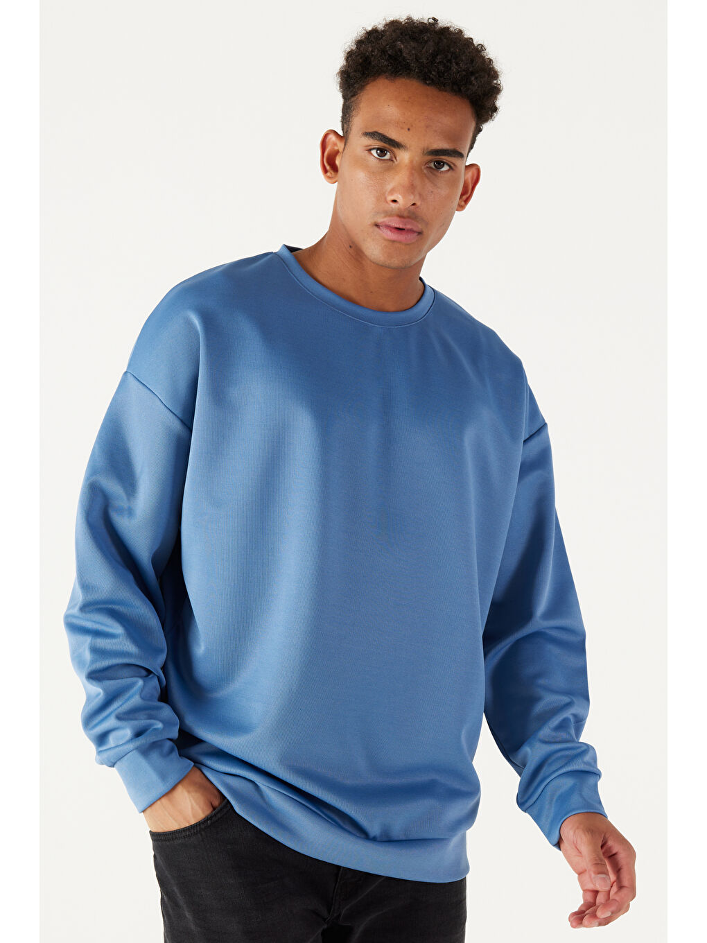 Erkek İndigo Oversize Bol Kesim Bisiklet Yaka Düz Sweatshirt-3
