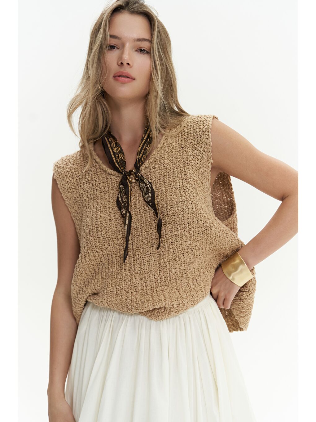 Kahverengi Knitle Rahat Kalıp Triko Tarçın Crop-5