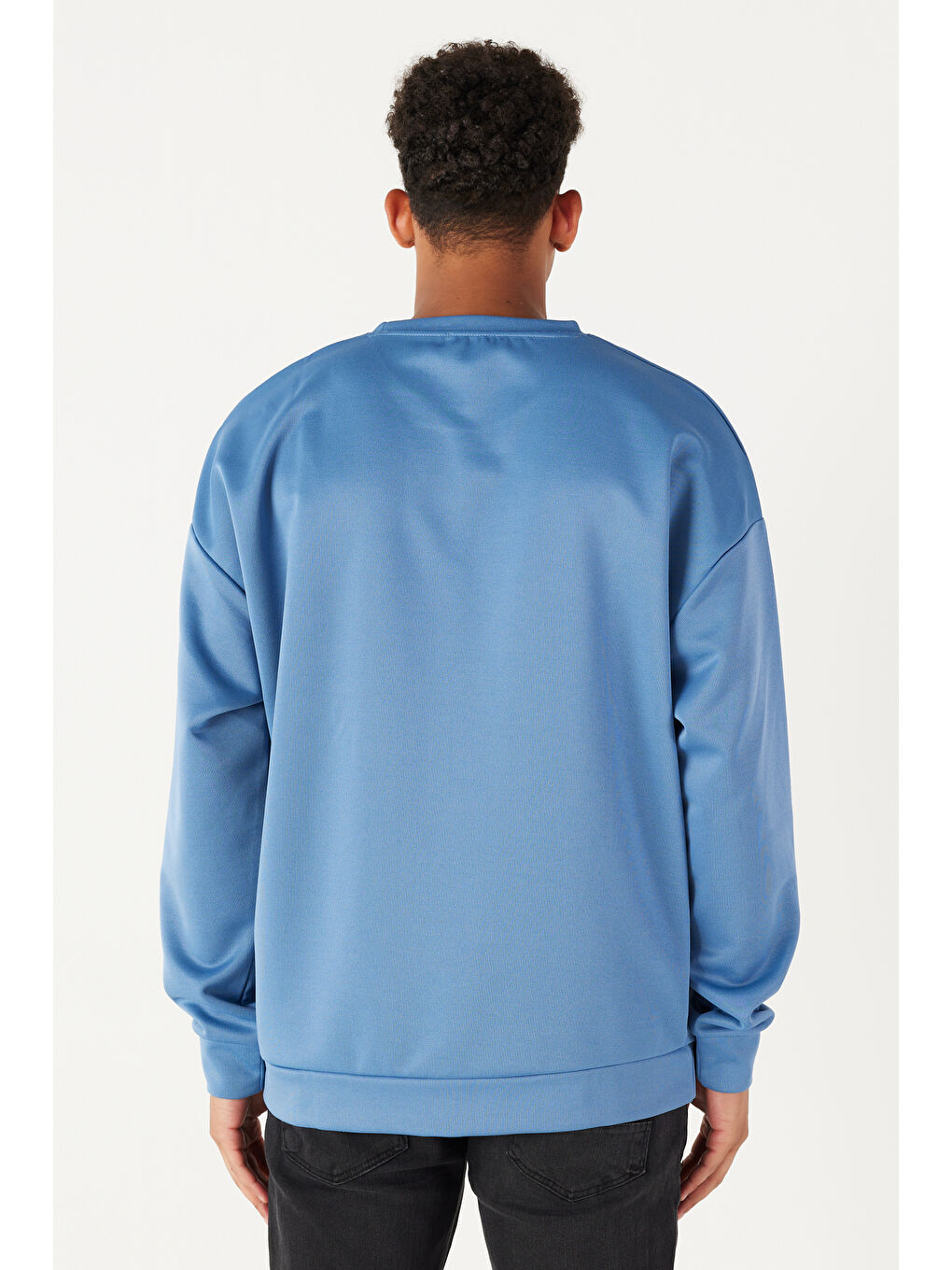 Erkek İndigo Oversize Bol Kesim Bisiklet Yaka Düz Sweatshirt-4