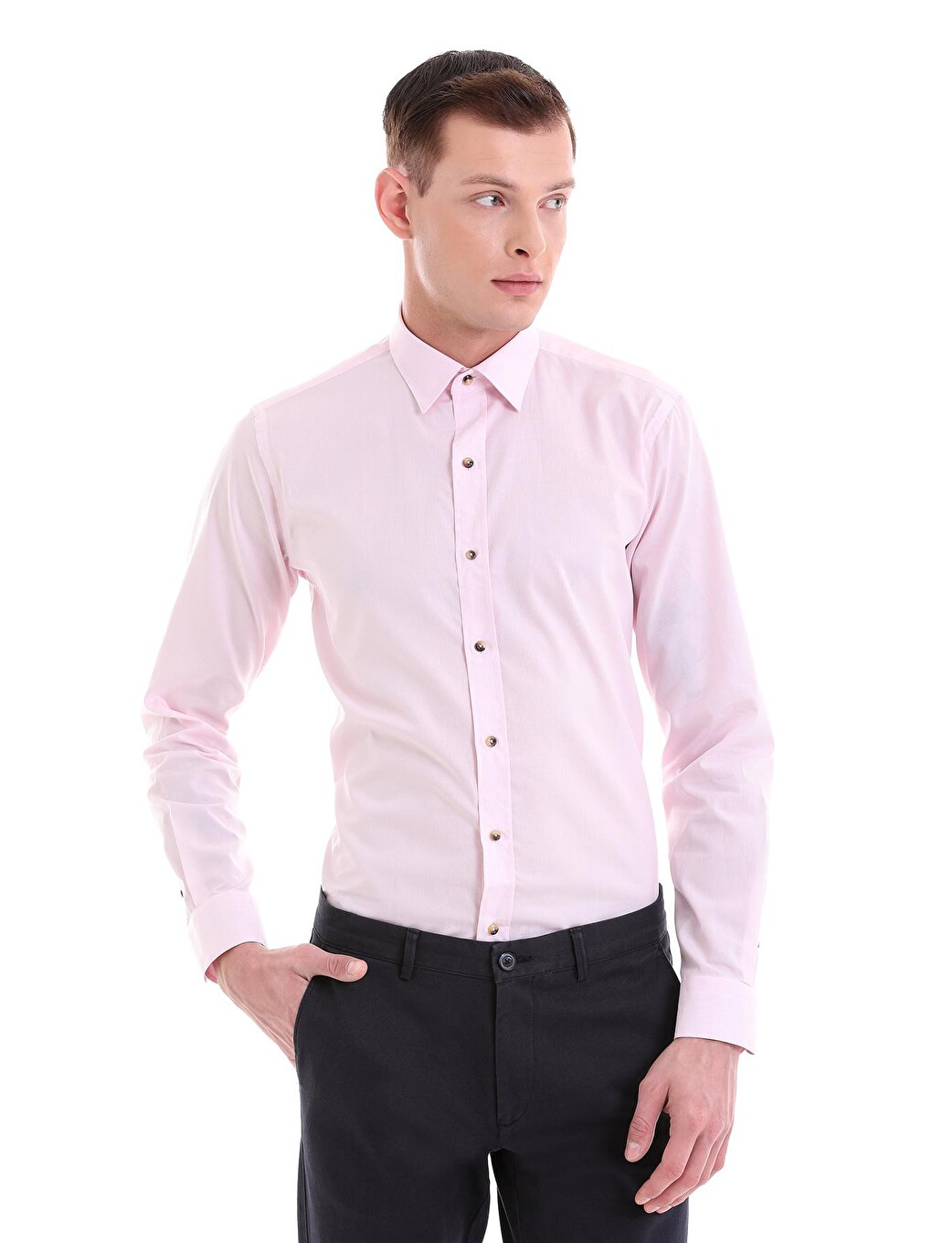 Pembe Comfort Fit Çizgili %100 Pamuklu Slim Yaka Uzun Kollu Casual Gömlek-2