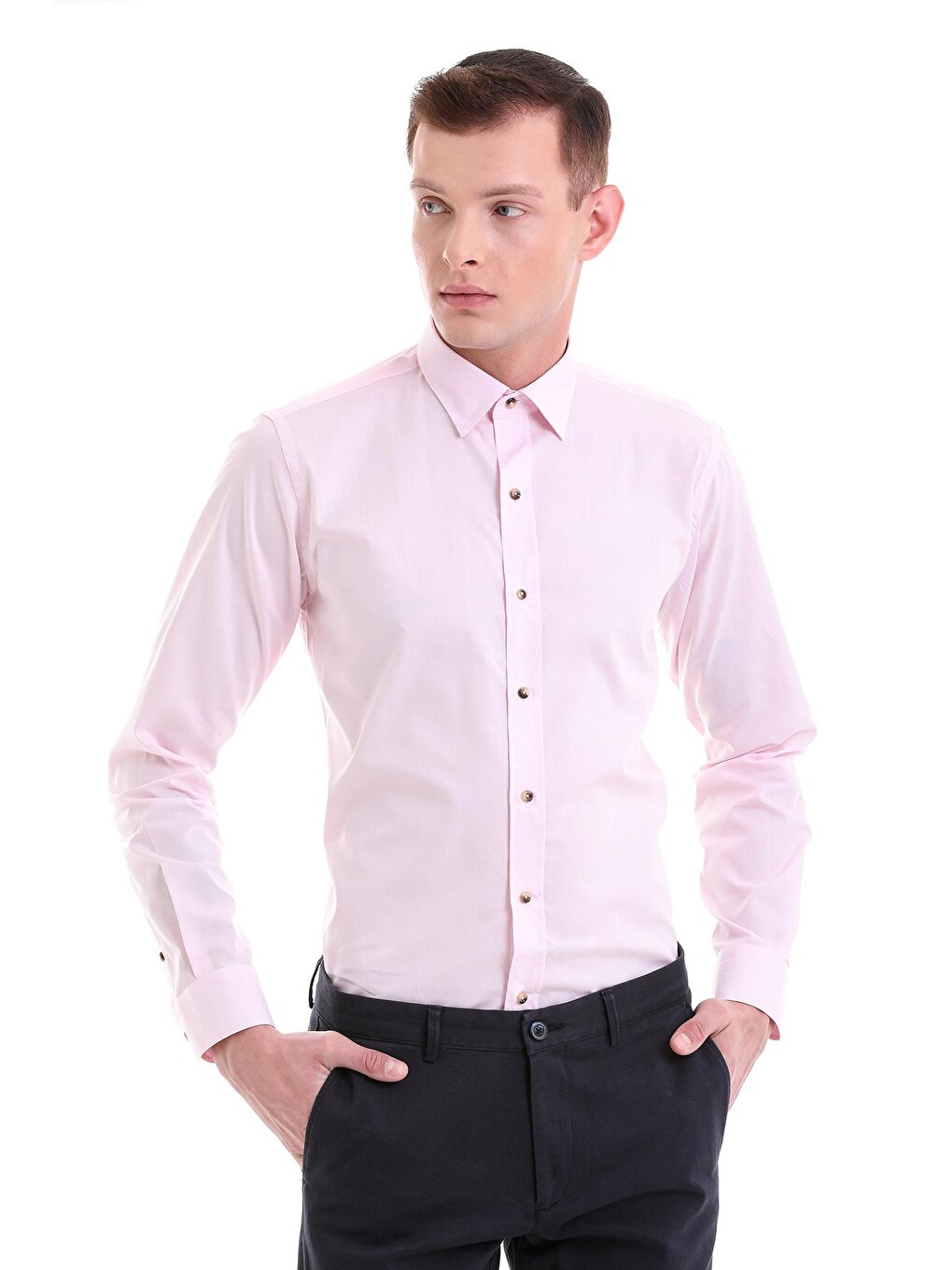Pembe Comfort Fit Çizgili %100 Pamuklu Slim Yaka Uzun Kollu Casual Gömlek-3