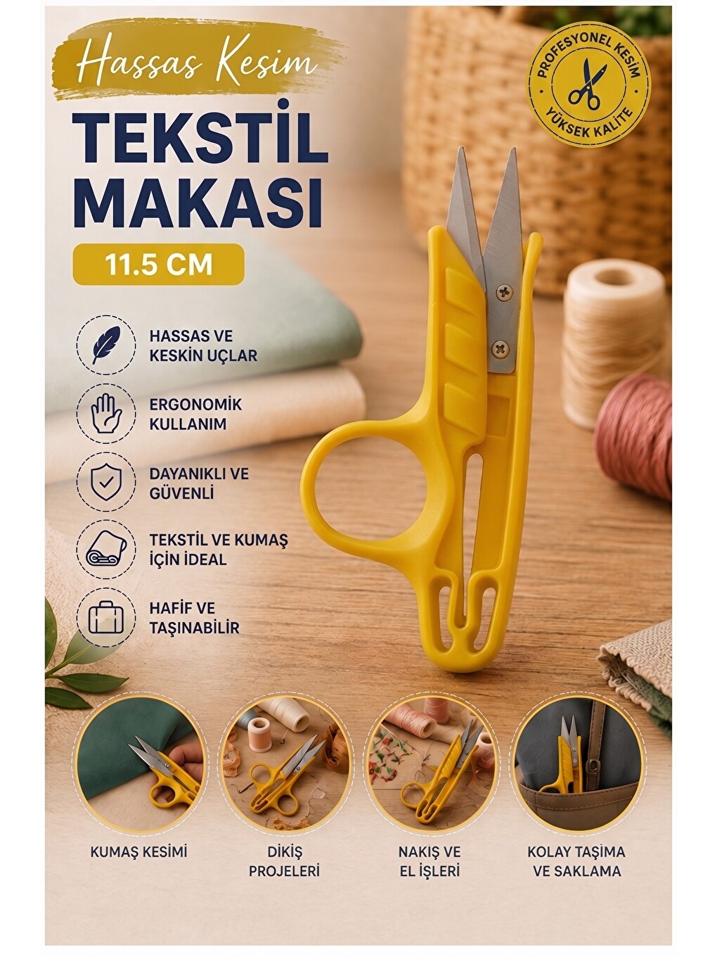 Sarı Tekstil Makası İplik Temizleme 1 Adet Starline Paslanmaz Çelik Keskin Terzi Dikiş Makası Olta M