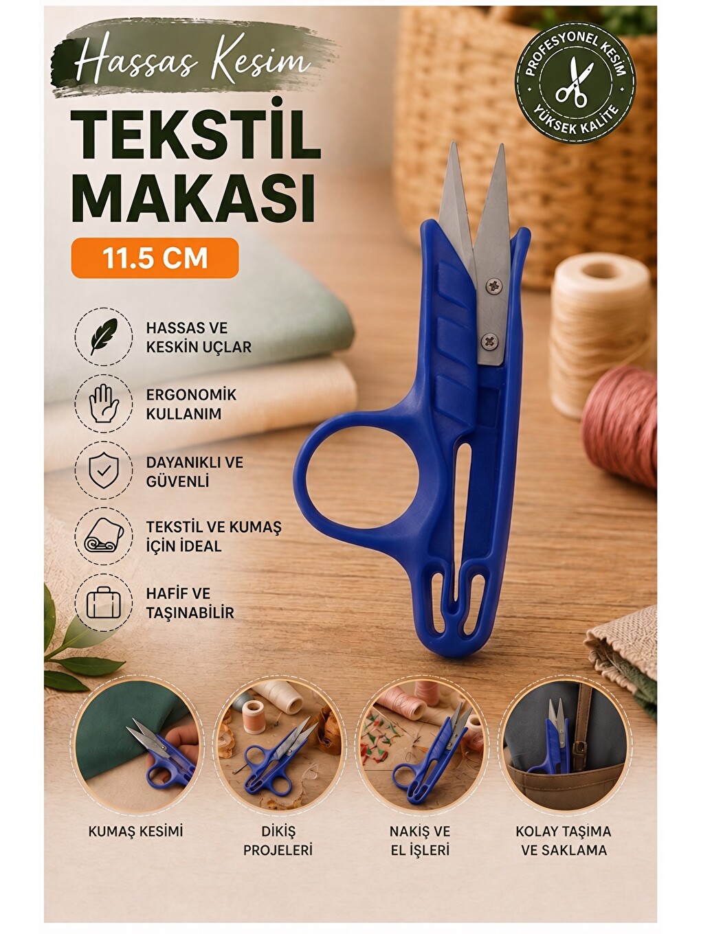 Mavi Tekstil Makası İplik Temizleme 1 Adet Starline Paslanmaz Çelik Keskin Terzi Dikiş Makası Olta M