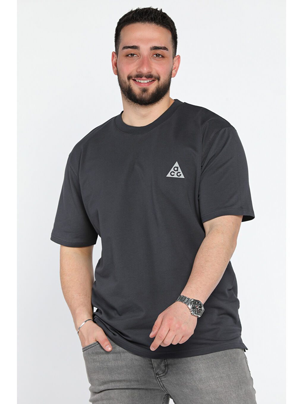 Gri Erkek Bisiklet Yaka Baskılı Tişört