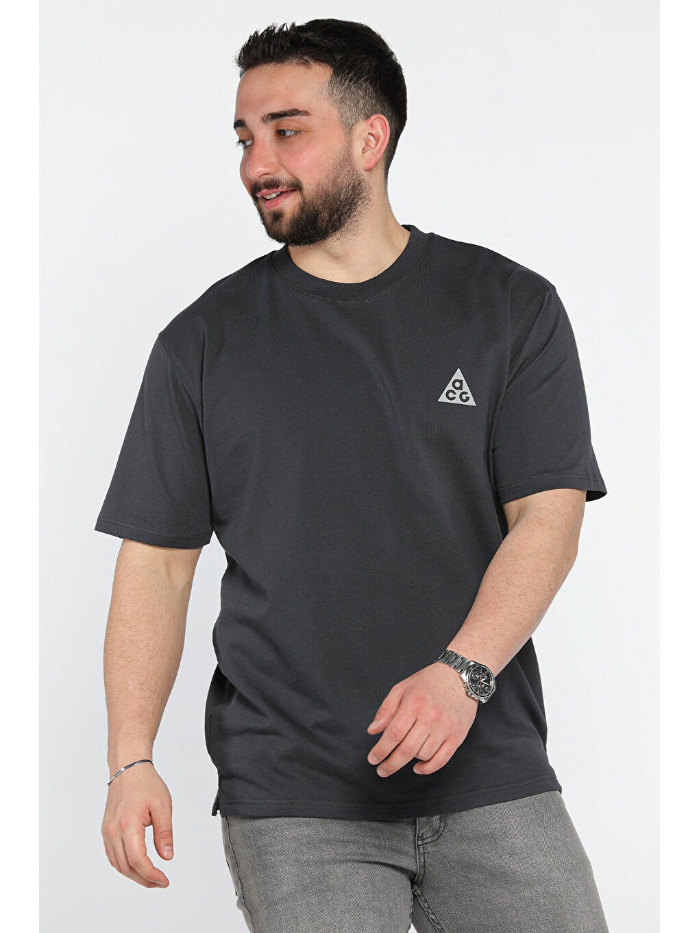 Gri Erkek Bisiklet Yaka Baskılı Tişört-1