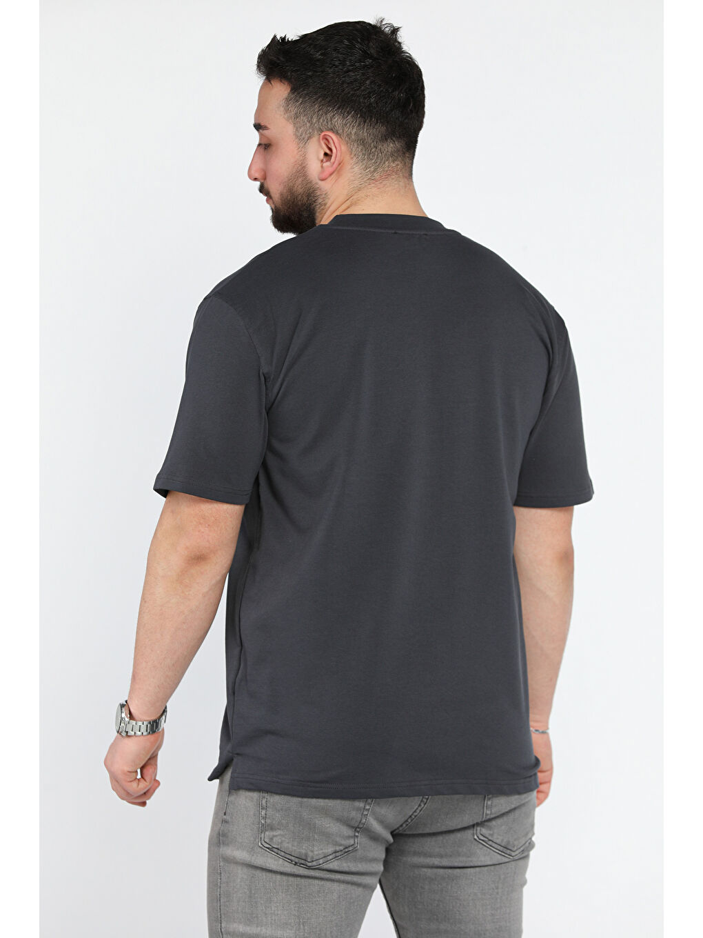 Gri Erkek Bisiklet Yaka Baskılı Tişört-2