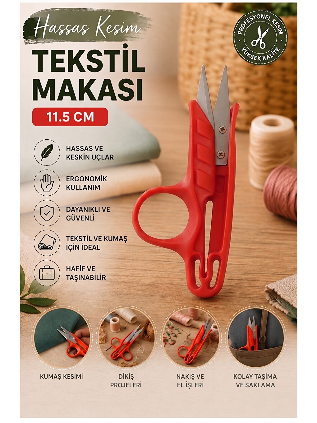 Kırmızı Tekstil Makası İplik Temizleme 1 Adet Starline Paslanmaz Çelik Keskin Terzi Dikiş Makası Olt