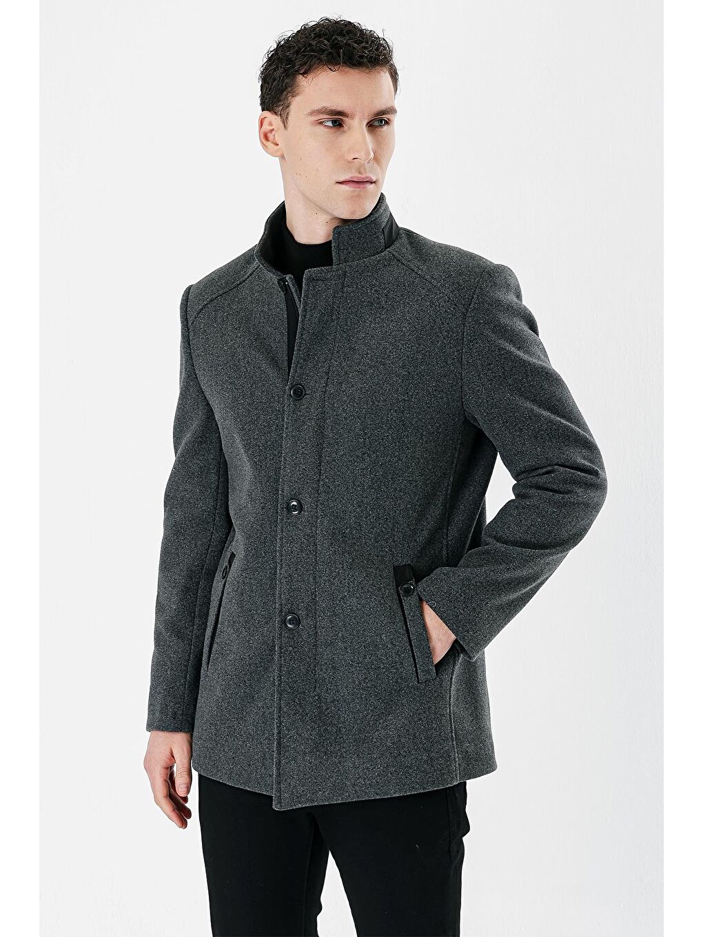 İMZA Koyu Antrasit Kaşe Hakim Yaka Astarlı Slim Fit Dar Kesim Casual Mont 1007235171