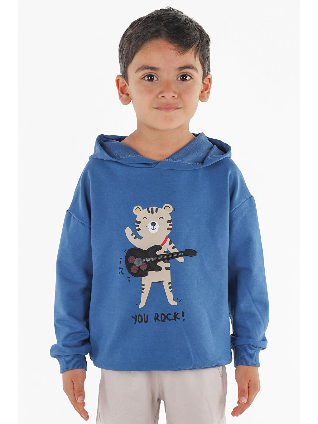 Mavi Kapüşonlu You Rock Baskılı Uzun Kollu Erkek Çocuk Sweatshirt