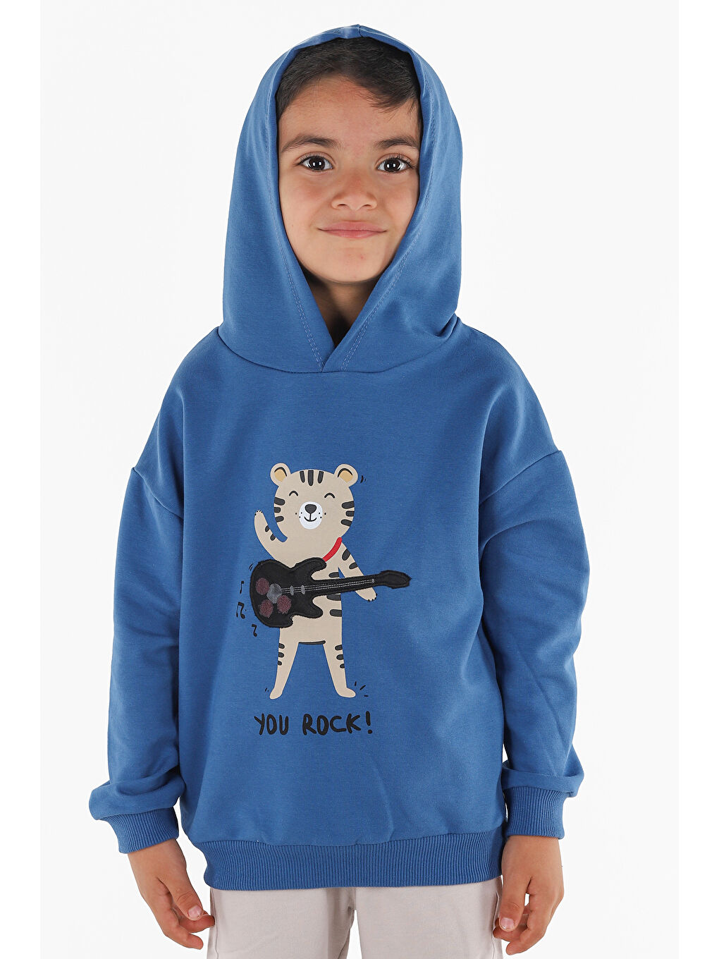 Mavi Kapüşonlu You Rock Baskılı Uzun Kollu Erkek Çocuk Sweatshirt-1