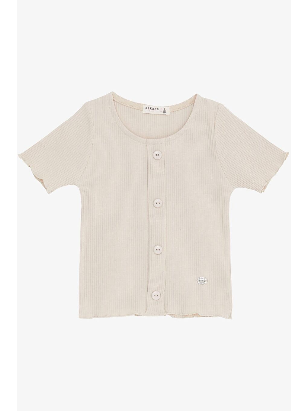 Kız Çocuk Tişört Crop Düğme Aksesuarlı Bej (8-14 Yaş)