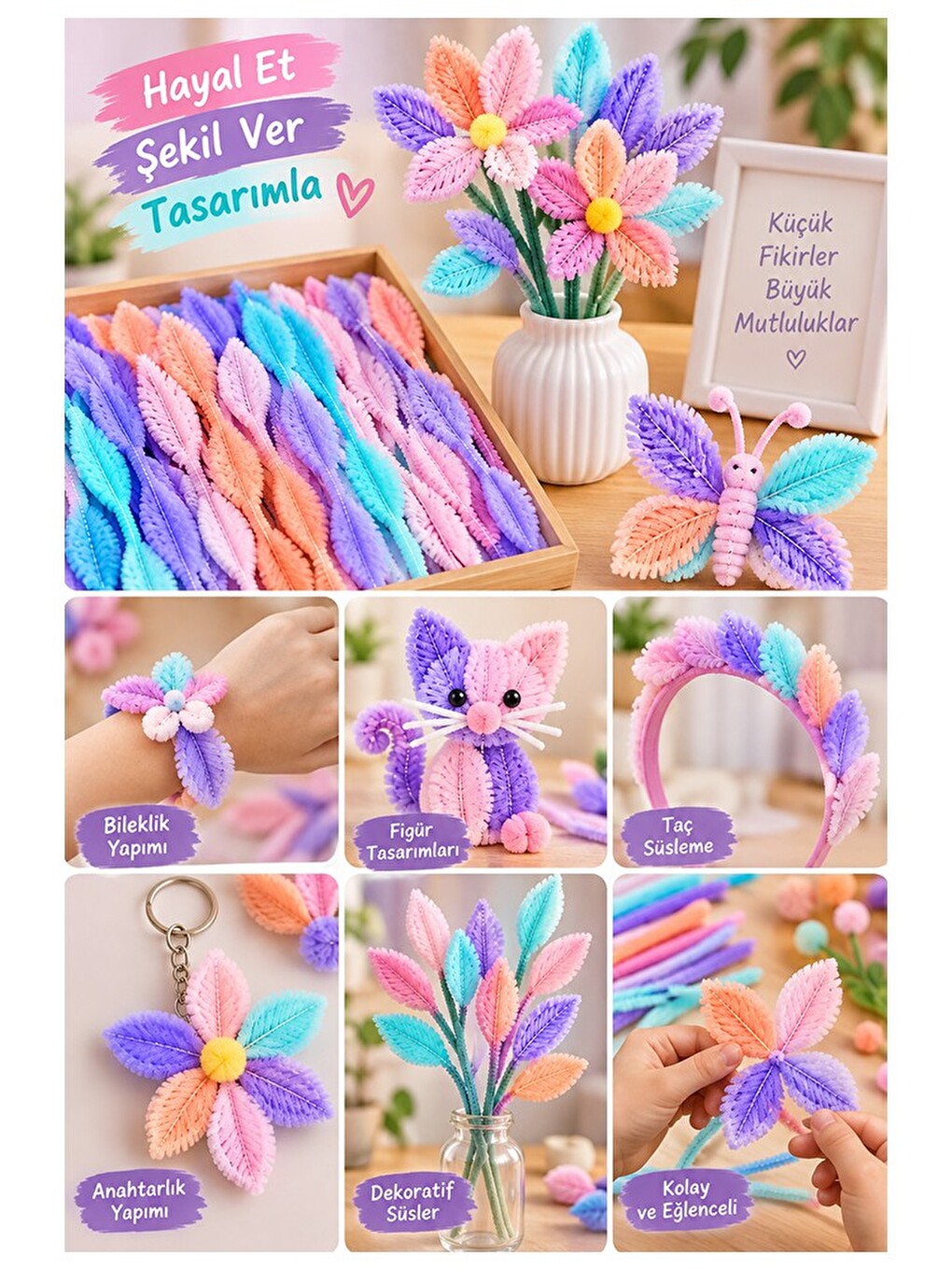 Pastel Renkli 16 Adet Yaprak Şekilli Şönil 30 Cm 6mm Karışık Pastel Renkler Tüylü Pelüş Elişi Hobi O-1
