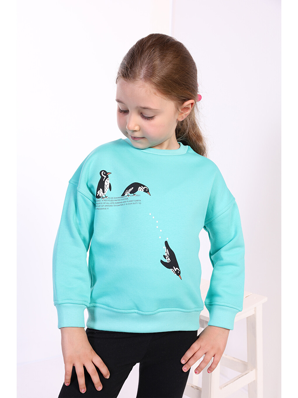 Yeşil Kız Çocuk Penguen Baskılı Sweatshirt