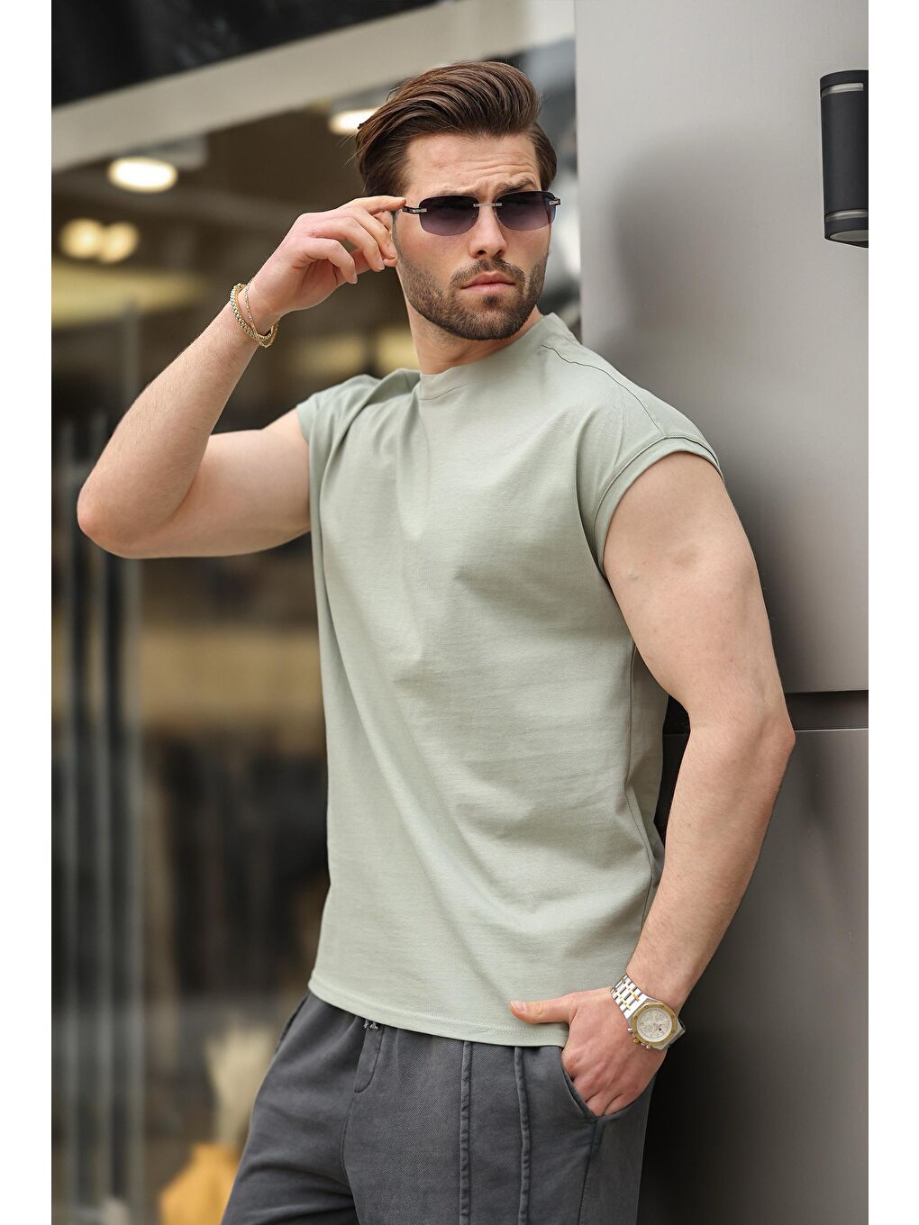 Mint Yeşili Yarım Kol Erkek Basic Tişört E7136