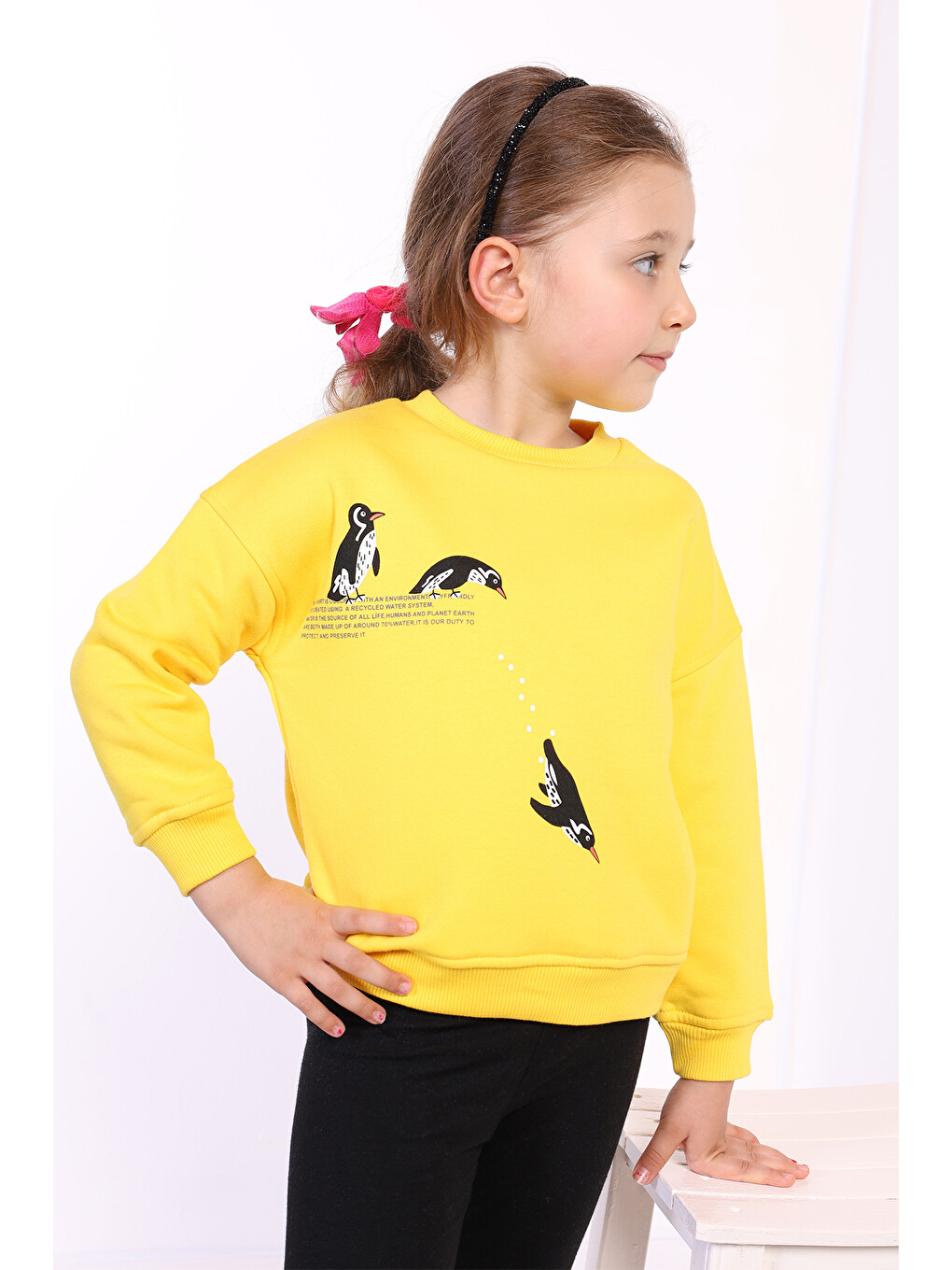 Sarı Kız Çocuk Penguen Baskılı Sweatshirt