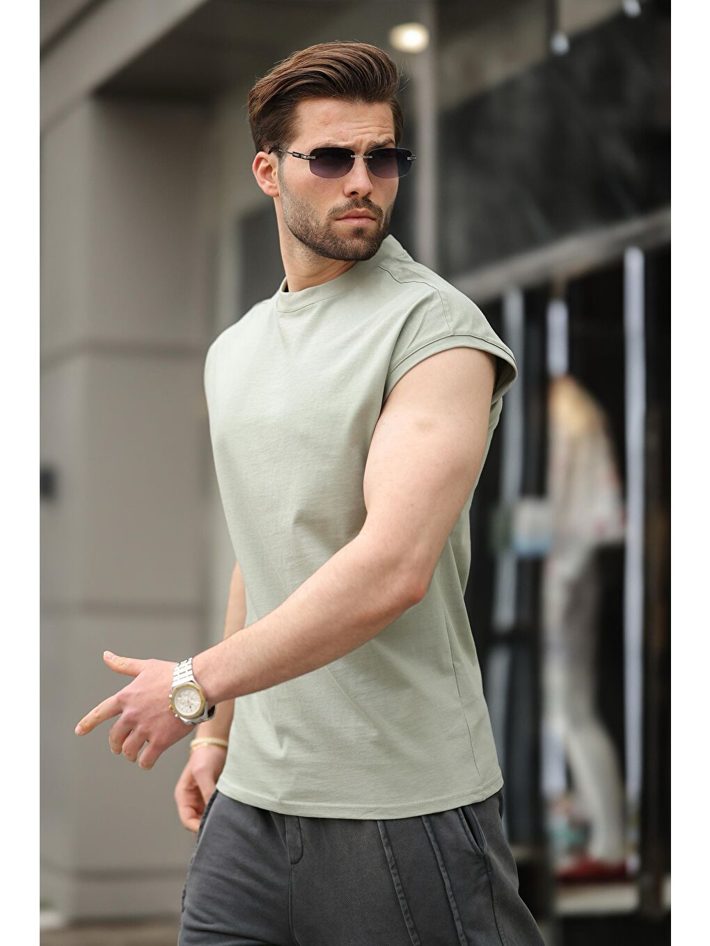 Mint Yeşili Yarım Kol Erkek Basic Tişört E7136-1