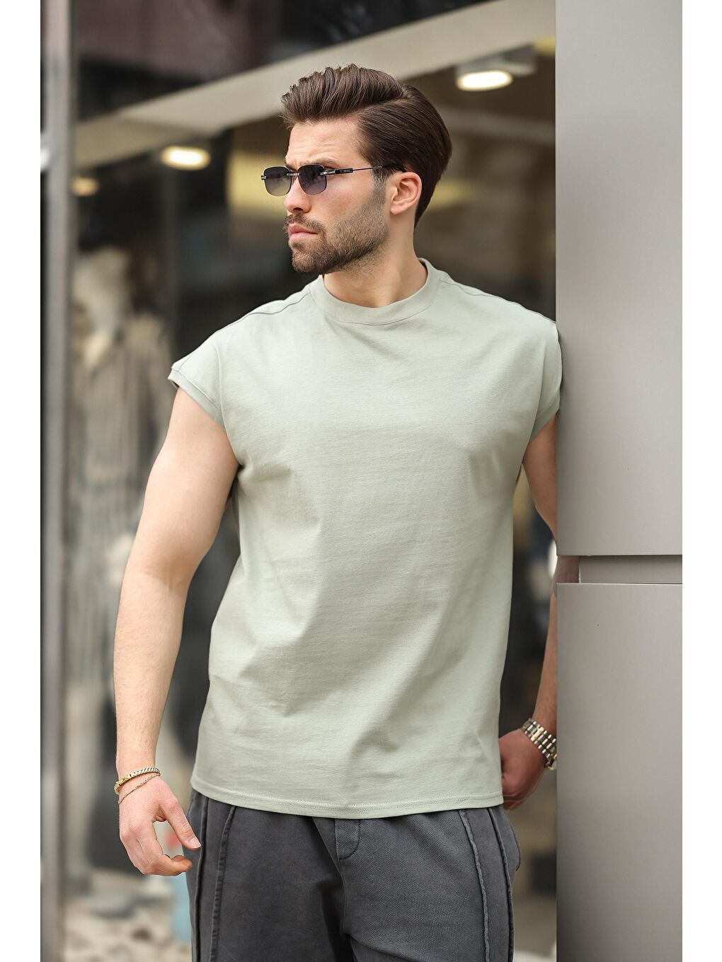 Mint Yeşili Yarım Kol Erkek Basic Tişört E7136-2