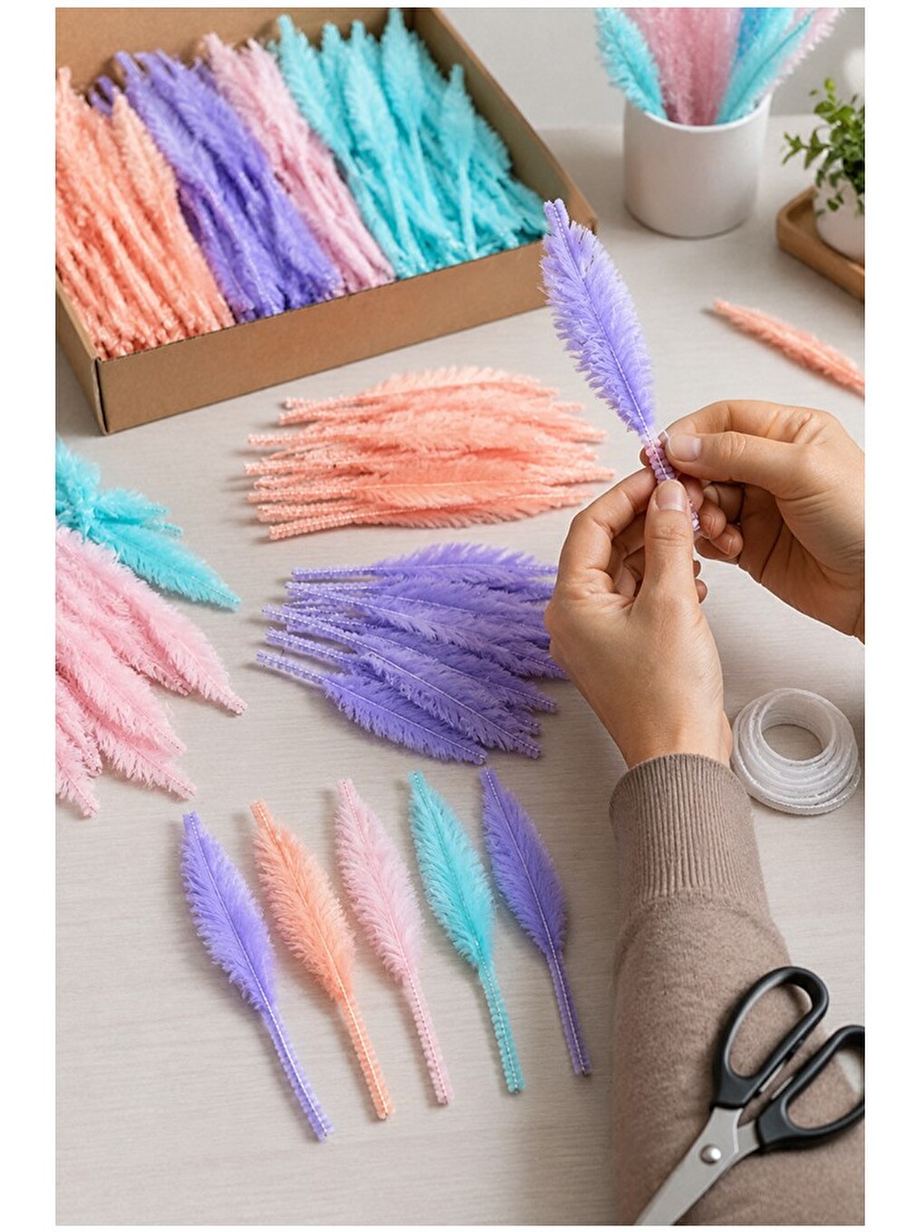 Pastel Renkli Yaprak Şekilli Şönil 30 Cm 6mm 32 Adet Karışık Pastel Renkler Tüylü Pelüş Elişi Hobi O-1