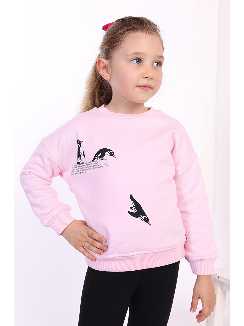 Pembe Kız Çocuk Penguen Baskılı Sweatshirt