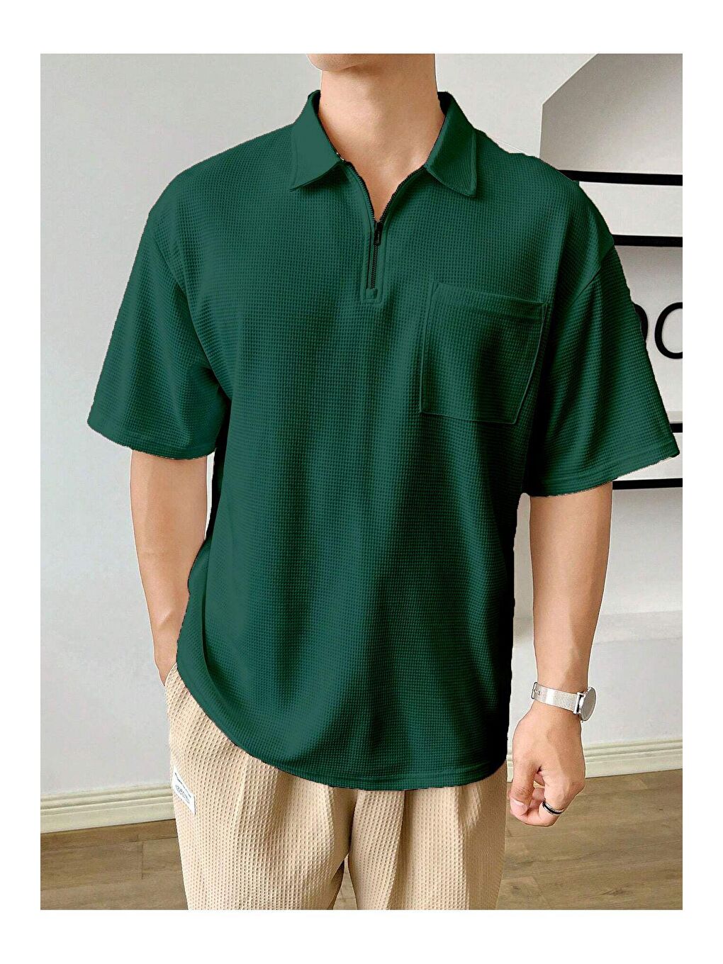 GENIUS STORE Koyu Yeşil Erkek Oversize Polo Yaka Waffle T-Shirt