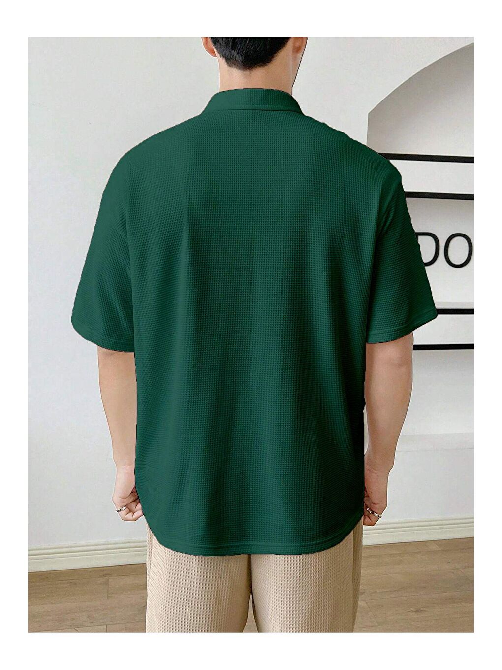 GENIUS STORE Koyu Yeşil Erkek Oversize Polo Yaka Waffle T-Shirt - 2