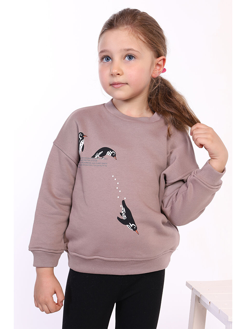 Toontoykids Kahverengi Kız Çocuk Penguen Baskılı Sweatshirt