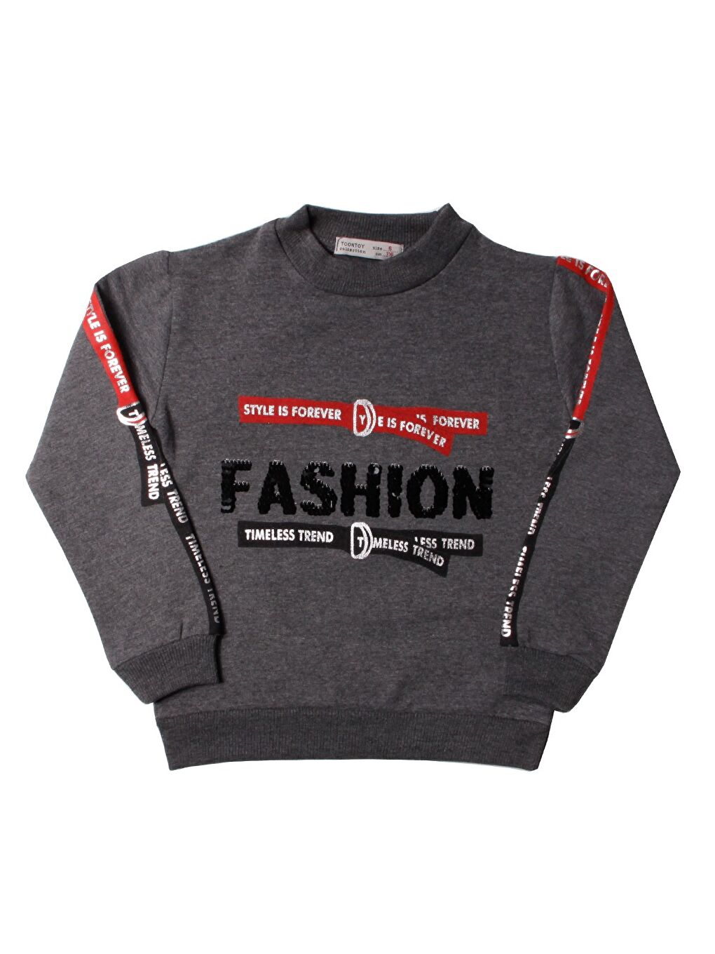 Toontoykids Antrasit Kız Çocuk Sweatshirt Kollari Şeritli Pullu Fashion Nakış