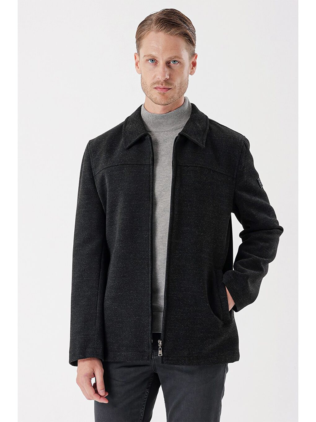 Koyu Antrasit Kaşe Bebe Yaka Astarlı Slim Fit Dar Kesim Casual Mont 1007235155