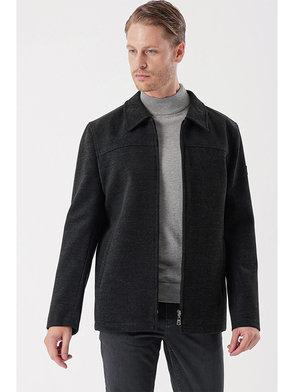 Koyu Antrasit Kaşe Bebe Yaka Astarlı Slim Fit Dar Kesim Casual Mont 1007235155-1