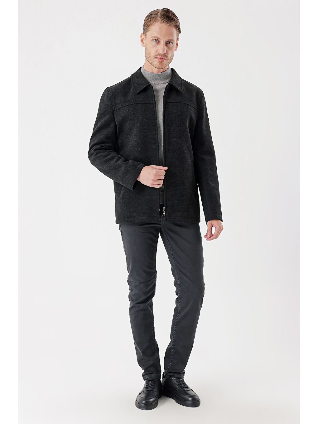 Koyu Antrasit Kaşe Bebe Yaka Astarlı Slim Fit Dar Kesim Casual Mont 1007235155-3