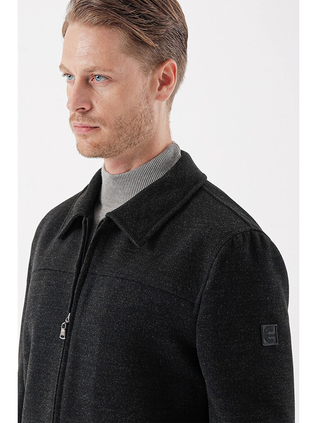 Koyu Antrasit Kaşe Bebe Yaka Astarlı Slim Fit Dar Kesim Casual Mont 1007235155-4