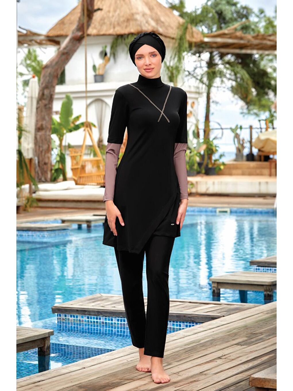 Likralı Tam Kapalı Tesettür Mayo Norman 4414 Siyah
