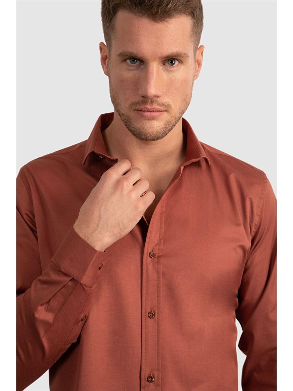 Kahverengi Slim Fit Elastanlı Düz Pamuk Saten Erkek Bordo Gömlek