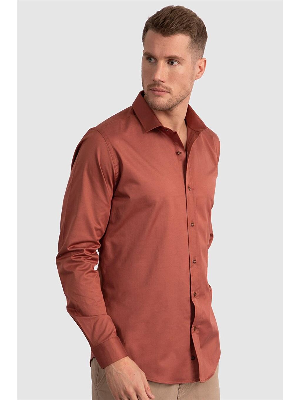 Kahverengi Slim Fit Elastanlı Düz Pamuk Saten Erkek Bordo Gömlek-1