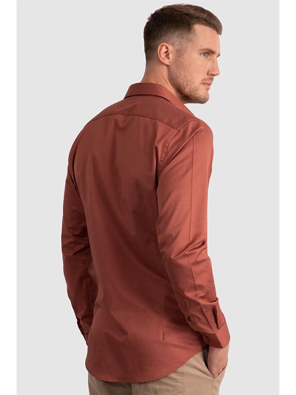 Kahverengi Slim Fit Elastanlı Düz Pamuk Saten Erkek Bordo Gömlek-3