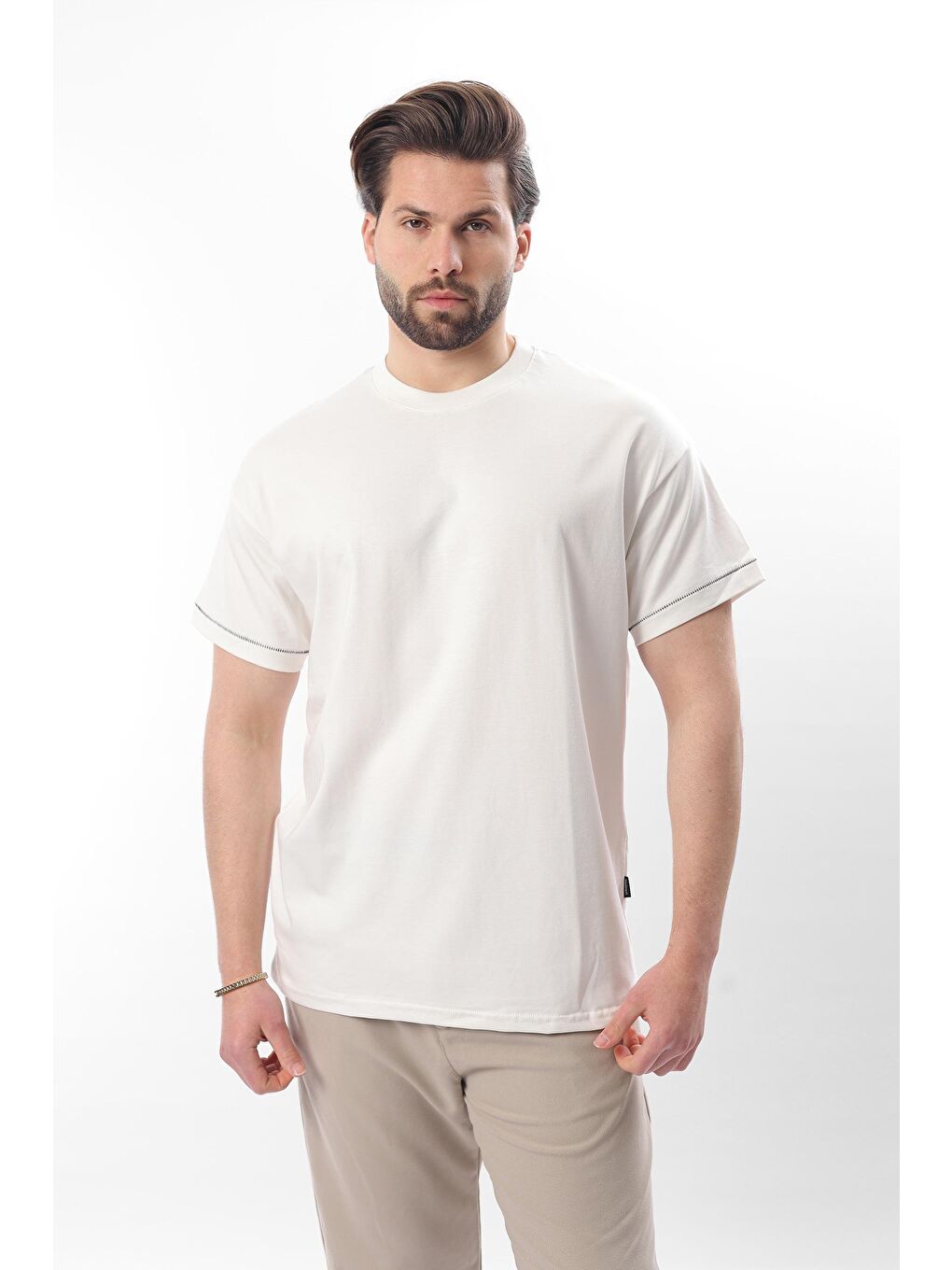 Ekru Bisiklet Yaka Çoban Dikişli Overfit Erkek %100 Pamuk Tişört E7103-1