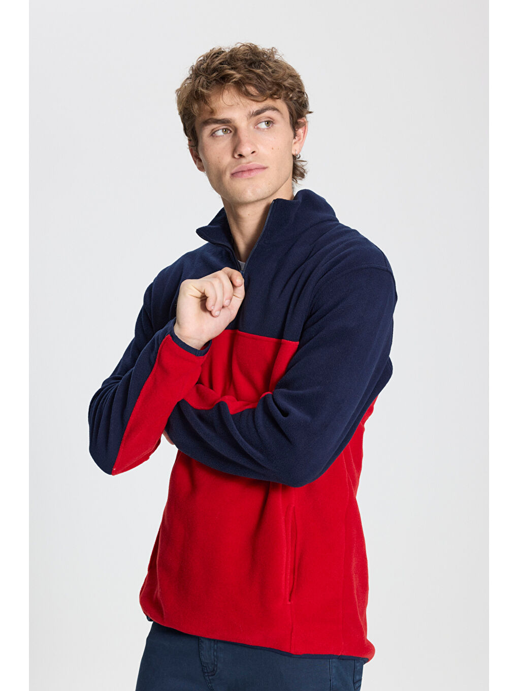Erkek Lacivert-Kırmızı Standart Fit Dik Yaka İçi Polarlı Çift Renk Polar Sweatshirt