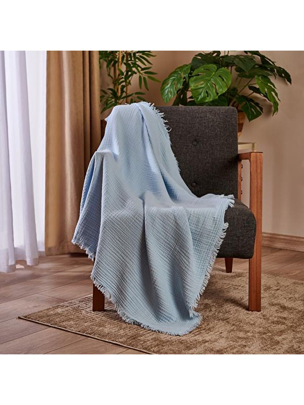 Müslin Koltuk Şalı - Mavi - 100x110 cm