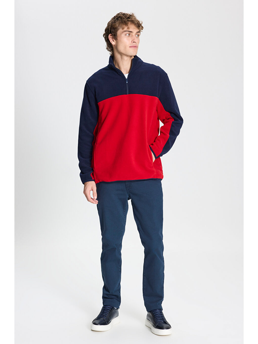 Erkek Lacivert-Kırmızı Standart Fit Dik Yaka İçi Polarlı Çift Renk Polar Sweatshirt-1